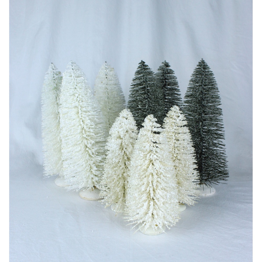 9pc Vintage Style Bottle Brush Christmas Trees White and Green Flocked Set